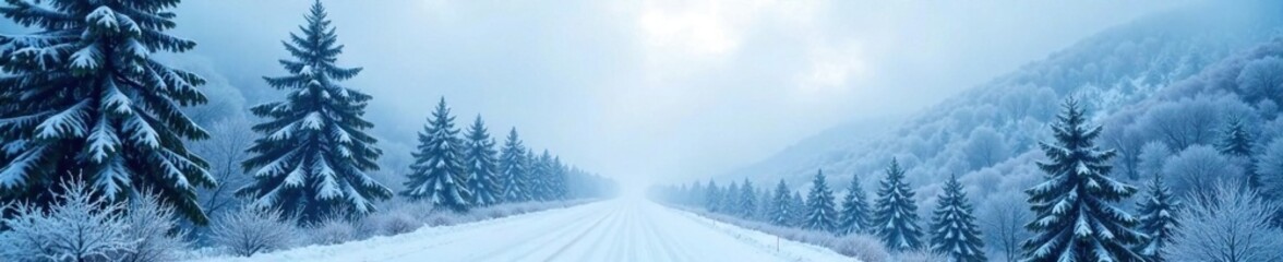 Towering trees engulfed in thick fog and snow, cold mountain air, tree lined road, cloudy mountains