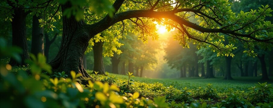 Sapin vert tendre avec un soleil couchant derriere lui, for?t, couchant, bourgeons