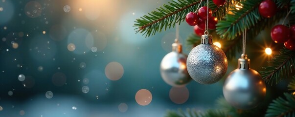 Dangling silver Christmas balls from a garland of red berries, sparkle, decorations