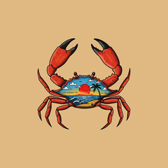 A stylized illustration depicts a red crab with a tropical beach sunset scene visible through its body.
