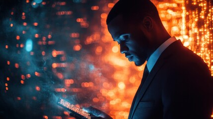 Man reviewing data, server room, digital backdrop, cybersecurity