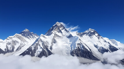 Majestic Himalayan Peaks: A breathtaking panorama of snow-capped mountains piercing a vibrant blue sky, their majestic peaks rising above a sea of clouds.  A stunning display of nature's grandeur.