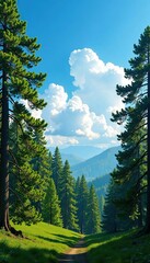 Dense forest of tall trees against a bright blue sky with puffy white clouds, nature, trees, landscape