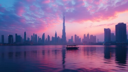 Obraz premium Water taxi (Abra) crossing Dubai Creek with the skyline in the background, 
