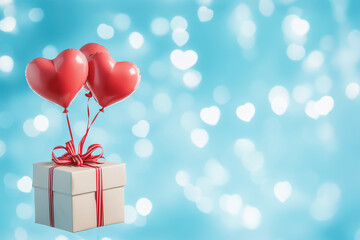 Gift boxes with heart balloon floating it the sky.