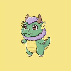 A charming cartoon depiction of a small green dragon with fluffy purple mane.