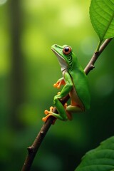Obraz premium Green amphibian stretching towards a slender branch, arboreal, tree frog, nature