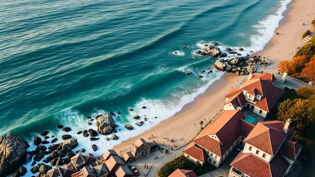 Coastal view showcasing beachside villas along the turquoise waters at sunset