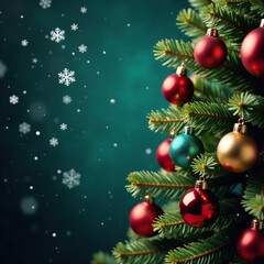 snowflakes gently fall on a festive Christmas tree with colorful ornaments, decorative, christmas tree