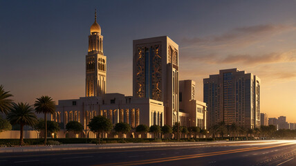 Sunset view of modern city architecture with a mosque and palm trees.
