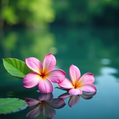 Pink plumeria blooms on tranquil lake surface, gentle, soft