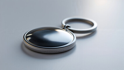 Close-up of a metallic round keychain with a blank surface, ideal for branding or personalization.