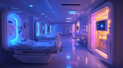 Obraz premium Futuristic neonatal care unit glowing with robotic incubators and holographic monitoring