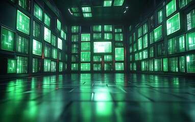 Futuristic room filled with green digital screens displaying code.