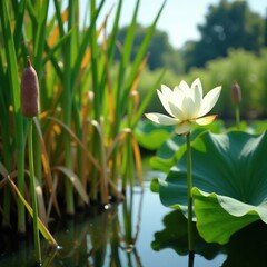 White lotus blooming among tall reeds and cattails, vegetation, foliage, reeds