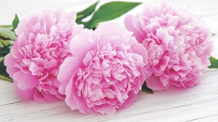 Obraz premium Beautiful pink peonies arranged on a wooden surface with green leaves in background