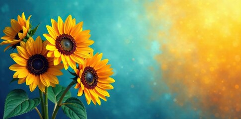 Fototapeta premium Ombre sunflowers in a blue and yellow gradient background with orange accents, orange, sunflowers