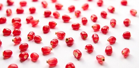 Red pomegranate seeds scattered on white background, tartar, white, flat