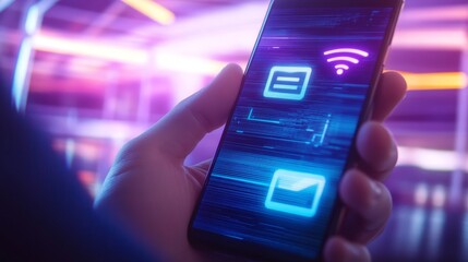 Obraz premium A hand holding a smartphone displaying icons for messages, Wi-Fi, and email in a digital style.