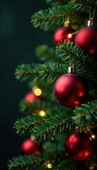 Evergreen fir branches with red glass ornaments and twinkling lights, holiday cheer, twinkling lights