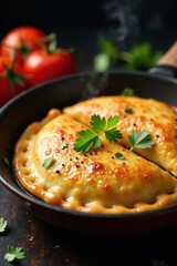 Empanadas cocinadas en un sart?n con un fondo dorado, dorado, comida
