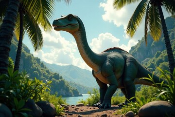 Obraz premium Giganotosaurus with a long neck peeking through palm trees, giant reptile, natural world