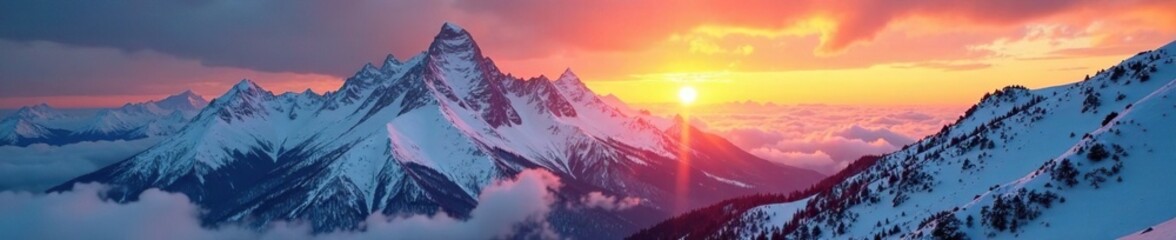 Obraz premium Golden hues of sunrise peeking through snowy peaks, winter, mountain, landscape
