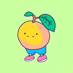 Obraz premium Cheerful Mango Character with Leaves on Solid Background