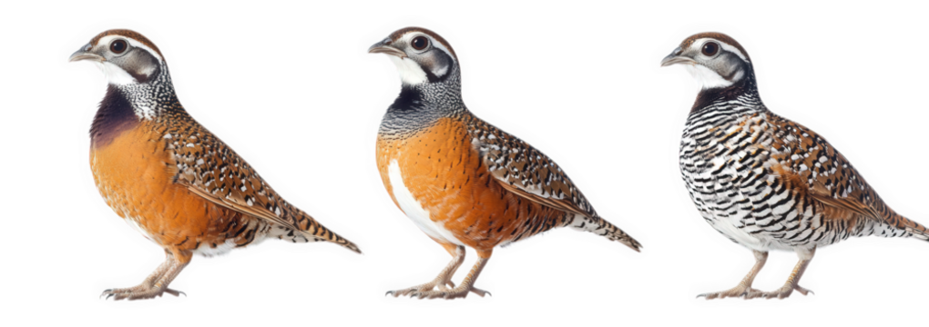 three distinct species of quail. showcasing their unique plumage and coloration each bird is depicted in profile. highlighting their physical characteristics for identification and educational purpose