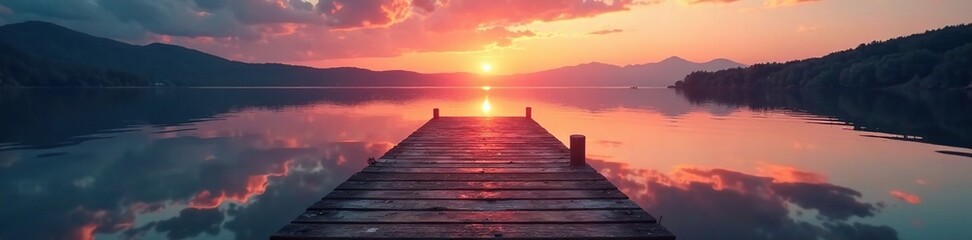 Naklejka premium Water reflection of a wooden dock across the lake's surface, sunset, wooden, water