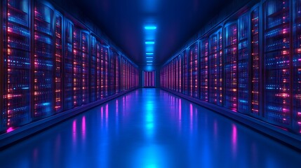 Futuristic server room with glowing racks.