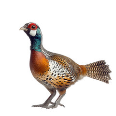 Fototapeta premium colorful pheasant. showcasing its vibrant plumage and distinctive features. such as the striking red and green colors on its head and the intricate patterns on its body the bird stands in profile. hig