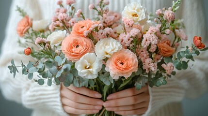 Feminine hands presenting a mix of flowers on a clean white surface, creating a stylish and sophisticated aesthetic