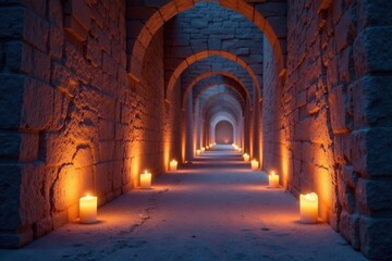 Soft light from candlelit walls amidst the twisting path, candlelight, soft glow, serene