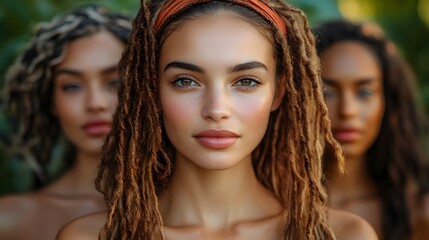 Fototapeta premium Group of diverse women standing confidently together in a vibrant outdoor setting, showcasing unity and strength