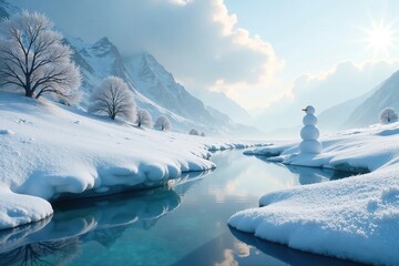 Frosty landscape with snowman in the distance, frost, snow-covered hills, icy waters
