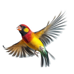 Fototapeta premium vibrant bird in flight. showcasing its colorful plumage with shades of red. yellow. and green the bird's wings are spread wide. emphasizing its dynamic movement and grace against a plain background th