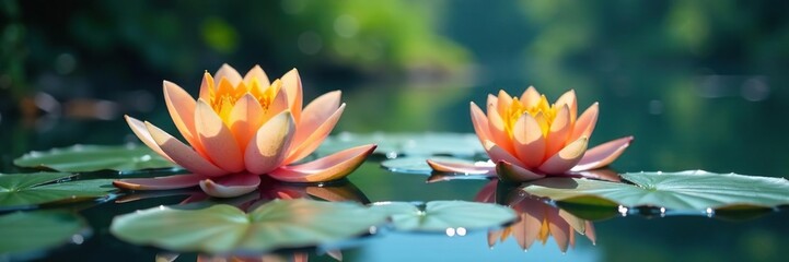 Orange and blue water lilies on a serene lake surface, nature photography, still life