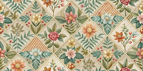 Elegant Botanical Patchwork Design Featuring a Repeating Diamond Pattern of Exquisite Floral Illustrations