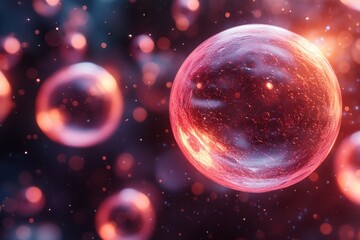 Colorful glowing cells in a dark abstract background showcasing biological beauty and complexity