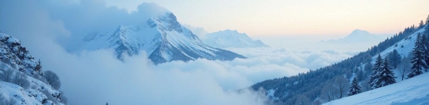 misty fog rolling over the snow-covered goryeo mountain, atmospheric, mystical