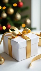 A golden ribbon with a white bow tied around a gift on a Christmas table, holiday, xmas present, white background