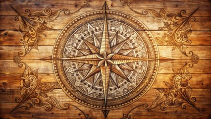 Naklejka premium A beautiful hand-drawn illustration of a compass rose on a wooden surface with intricate details and ornaments, vintage style illustration, directional arrow