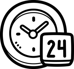 24 hours service doodle vector icon and illustration