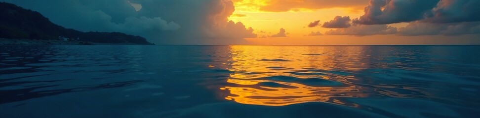 Obraz premium Yellow and blue hues blending with shadows in the water at night, oceanic landscape, smooth waters