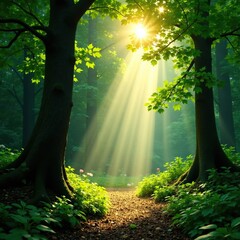 Obraz premium Dappled sunlight filtering through forest foliage, dappled, natural light, shade