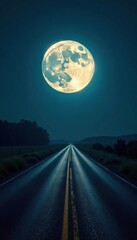 Full moon casting an eerie glow over a deserted road, full moon, glowing moonlight, dark sky