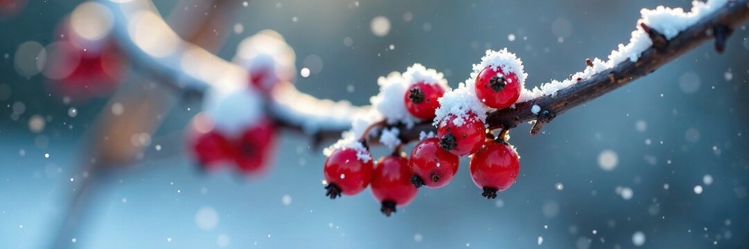 Frozen snowflakes cling to scarlet berries on a bare rowan branch, winter, frost