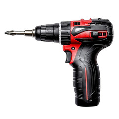 Electric drill with black and red design, isolated on a white background.