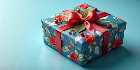 Obraz premium Rouge bleu emballage cadeau avec fleurs et feuilles